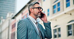 Corporate, man and talk with phone call in city for discussion, travel and finance consultant. Mature person, mobile and conversation with contact feedback, financial negotiation and chat for commute