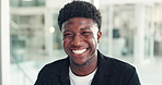 Business, face and laughing with black man in office for reaction to funny joke or good news. Comedy, humor and satisfaction with happy African employee in workplace for internship or opportunity