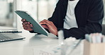 Tablet, hands and businessman in office with research for creative project with publishing email. Communication, networking and male copywriter with digital technology for online contact in workplace
