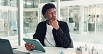 Black man, tablet and thinking at office with finance, trading and decision for investment opportunity. African person, fintech and perspective with app, review and charts with strategy at agency