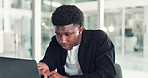 Business, online reading and black man in office, laptop and review for article, email and editing. African person, employee and journalist with pc, internet and research for proposal and newsletter