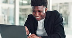 Reading, smile and black man with laptop in office with accountant, finance report and auditing. Review, male person and pride with tech, financial plan and budget information of investment company