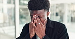 Stress, headache and black man in office with burnout, fatigue or anxiety for creative project. Mistake, exhausted and African copywriter with migraine for pressure in publishing crisis in workplace.
