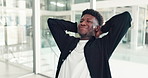 Happy, rest and business black man in office with smile for productivity, finish project and complete work. Professional, creative agency and person stretching for break, relax and done with tasks 