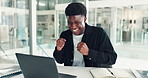 Black man, celebration and laptop with trading, finance and goals with profit at investment agency. African person, investor and happy with computer, results and excited for revenue growth at company