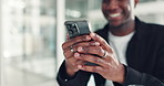Business, hands and happy man in office, smartphone and content writer with email notification. African person, employee or journalist in workplace, cellphone and social media with message to contact