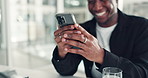 Business, hands and happy man in office, cellphone and content writer with email notification. African person, employee or journalist with smile, smartphone and social media with message to contact