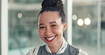 Happy, professional and face of businesswoman in office with confidence for finance career. Smile, corporate and portrait of female financial manager from Brazil with pride for job development.