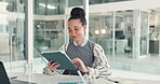 Online, employee and woman with tablet, office and financial analysis for tax with document or plan. Happy, bookkeeper and paperwork for audit with tech, pride and person with records in business