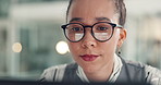 Business woman, analyst and reading with glasses in office for online research or information. Female person, employee or insight with technology for web service or competitive analysis in workplace