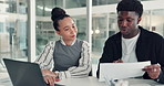 Meeting, documents and business people on laptop for finance review, budget and strategy. Office, teamwork and workers with report on computer for online proposal, financial planning and discussion