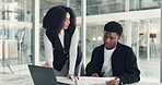 Business laptop, people and paperwork with advice for finance report, forecasting training or help. Financial analyst, intern and team with tech in office for budget comparison, feedback and guidance