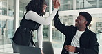 Laptop, team and business people with high five for achievement, training success or intern clapping. Computer, excited and applause in office for celebration, goal and work improvement with mentor