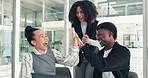 Laptop, team and business people with high five for celebration, training success or clapping. Computer, excited group and applause in office for achievement, goal and work improvement with mentor