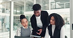 Business people, tablet or meeting with laptop in office for team project or collaboration together. Group, employees or discussion with technology for company strategy, idea or progress in workplace