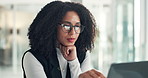 Reading, glasses and business woman on laptop for proofreading report, article and website review. Office, publisher and person on tech for editing, check online content or story for digital magazine