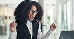 Laptop, business woman and celebration in office for success, promotion or goal achievement. Computer, excited and African worker with good news, bonus and winning with fist pump for deal in company