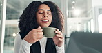 Tea, aroma and woman in office with drink, relax and wellness  benefits in marketing. Happy, gratitude and business agent in reflection with cup, inspiration and coffee break for digital campaign.
