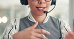 Mouth, headset and woman call center agent in office with crm, communication or contact us. Talking, mic and technical support consultant with online consultation for customer service in workplace.