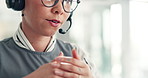 Mouth, headset and woman technical support agent in office with crm, communication or contact us. Talking, mic and call center consultant with online consultation for customer service in workplace.