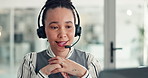Mouth, headset and woman customer service agent in office with crm, communication or contact us. Talking, mic and technical support consultant with online consultation for call center in workplace.