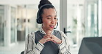 Talking, headset and woman call center agent in office with crm, communication or contact us. Network, mic and technical support consultant with online consultation for customer service in workplace.