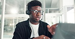 Black man, consultant and talking with headset on laptop for virtual assistance or advice in office. Male person, employee or African agent speaking with mic on computer for online help in workplace