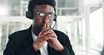 Black man, consultant and thinking with headset in office for problem solving or tech support. Thoughtful, male person or African agent in wonder for decision, online service or solution in workplace