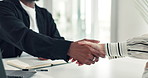 Business, people and meeting with handshake in office for welcome, greeting and hiring employee. Staff, shaking hands and thank you for job opportunity, agreement and partnership for onboarding offer