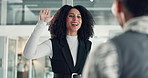 High five, laughing and surprise with business woman in office for achievement or congratulations. Celebration, motivation and funny with employee people in workplace together for milestone success