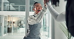 Applause, high five and surprise with business woman in office for achievement or congratulations. Celebration, motivation and wow with employee people clapping at work together for milestone success