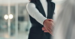 Business, interview or people shaking hands in office for job offer, finance recruitment or deal. HR manager, woman or welcome handshake with candidate for hiring or vacancy success at financial firm