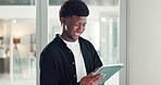 Business, smile or black man in office, tablet or content writer with email notification, app or joke. African person, funny or journalist with tech, online humor or social media with company website