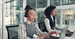 Headset, laptop and typing with women in call center together for feedback or virtual assistance. Computer, contact us and customer support with people in coworking office for communication or help
