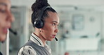 Business, woman and talking with headset at call centre for consultation, aadvice and customer service. Female person, explain and coworking with mic for assistance, tech support and helping for crm 