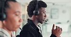 Business, man and talking with headset at call centre of consultation, advice and customer service. Male person, coworking and talk with mic for online assistance, tech support and helping for crm 