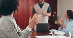 Hands, applause and team in boardroom at startup, celebration or excited for announcement in office. Business people, success and speech for staff, presentation and support for goal at media agency
