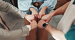 Circle, fist bump and team of business people in office with solidarity, unity or collaboration. Support, partnership and group of corporate employees with hands together for celebration from above.