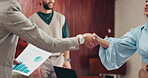 Meeting, people and handshake for deal in office, collaboration and ad campaign results on document. Business, brand manager and shaking hands with client for marketing strategy, charts and agreement