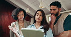 People, tablet and advice with meeting for update, report and explanation on interior designer project. Creative team, feedback and discussion or process for employee partnership and collaboration
