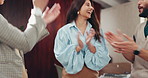 Business people, team and stack hands with applause in boardroom for motivation, success and goals at office. Woman, group and meeting with excited, clapping and announcement at creative agency