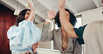 Success, high five or team in office with tablet, achievement or creative blog launch in startup. Happy, colleague or people in small business with technology, digital app or celebration together.