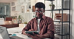 Creative, man and smile with tablet in office for engagement metrics, monitor brand mentions or report. Social media analyst, black person and tech reflection to assess campaign performance and info