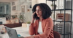 Phone call, laptop and woman in office, business and copywriting with planning, ideas and chatting. Editor, person and journalist in workplace, cellphone and solution for publication and conversation