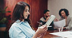 Business woman, scroll and tablet in meeting with team, planning and graphic design with stylus. Female designer, tech and check logo, branding and people in conference room for digital marketing