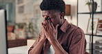 Business, black man and headache in office with pressure for deadline, brain fog or burnout from work at startup. Person, migraine or pain with stress, exhausted or overworked for creative project