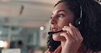 Headset, talking and woman call center agent in office with crm, communication or contact us. Professional, mic and female technical support consultant with online consultation for customer service.