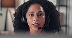 Headset, communication and woman call center agent in office with crm, talking or contact us. Professional, mic and female technical support consultant with online consultation for customer service.