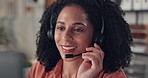 Headset, happy and woman call center agent in office with crm, communication or contact us. Professional, mic and female technical support consultant with online consultation for customer service.