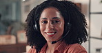Headset, face and woman call center agent in office with crm, communication or contact us. Portrait, mic and female technical support consultant with online consultation for customer service.